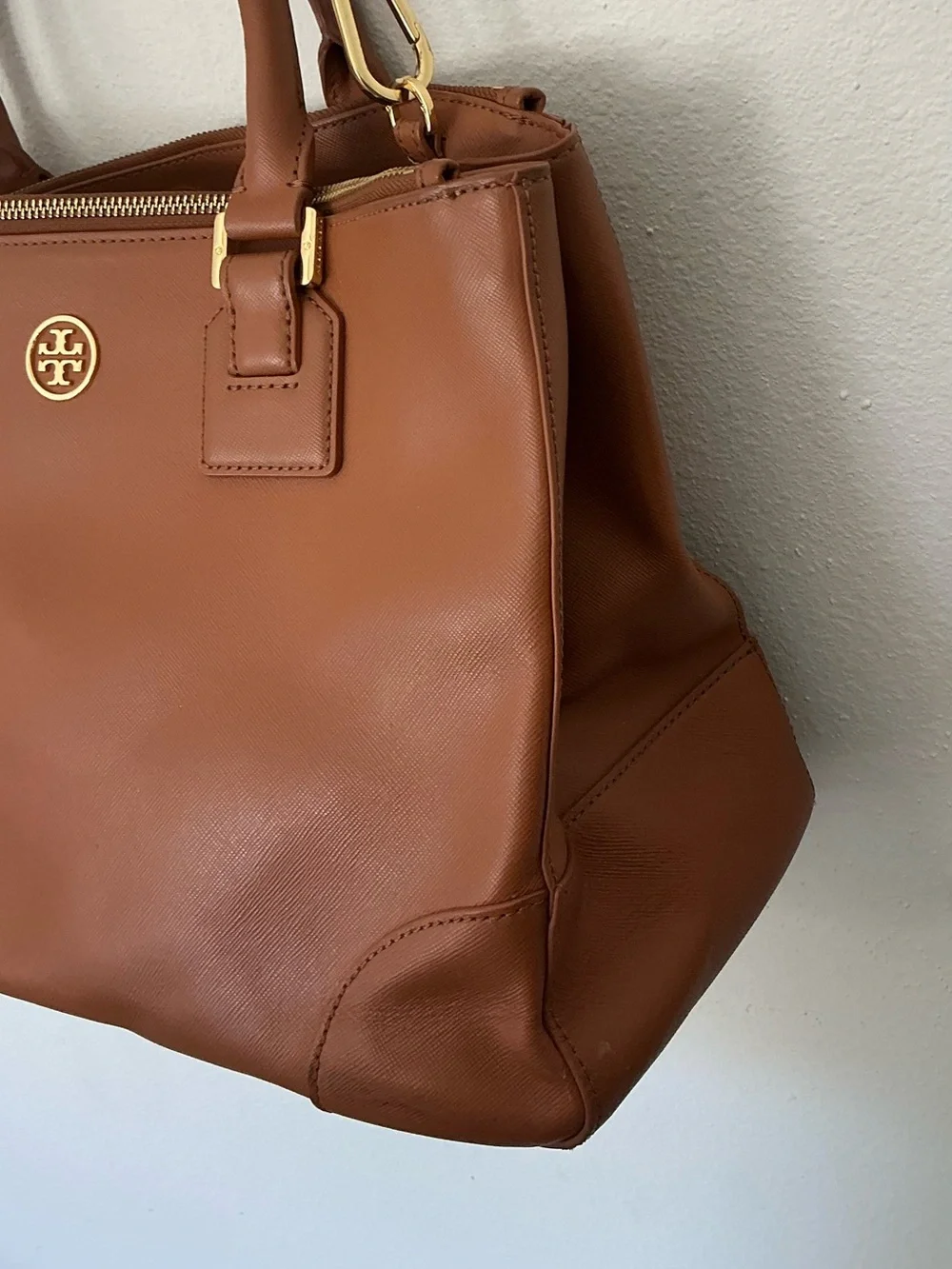 Tory Burch Robinson Double Zip Tote Tan Leather Satchel Crossbody Bag - Picture 3 of 14
